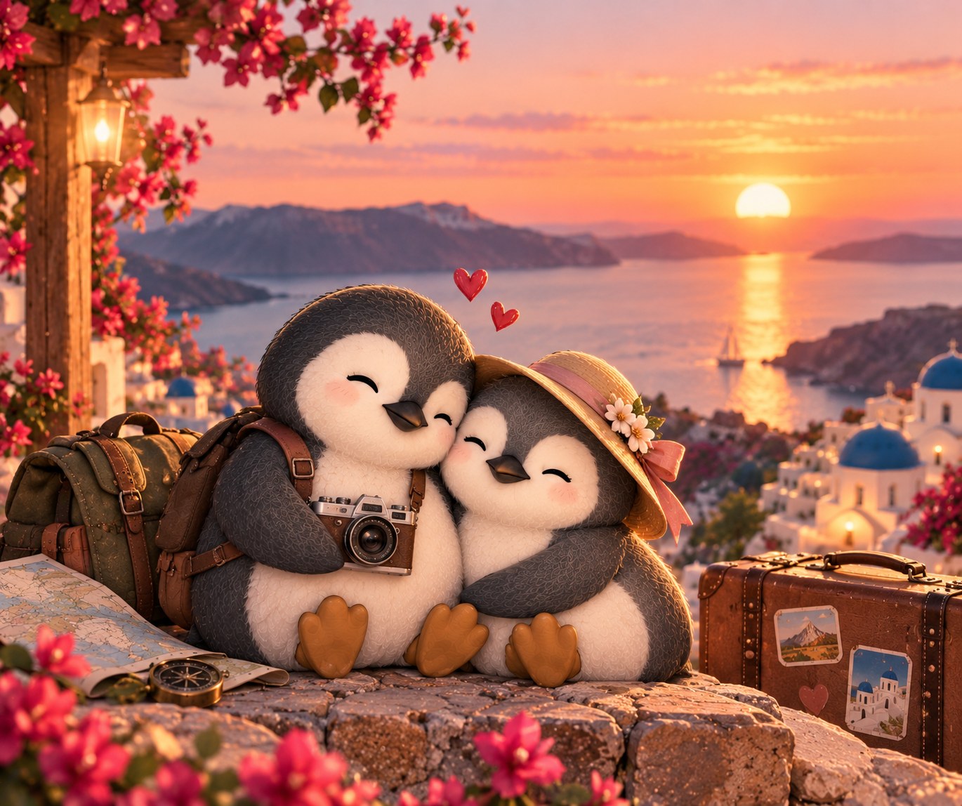 Two penguins cuddled together on a trip, watching the sunset over a Santorini-style coastal town with their travel bags beside them